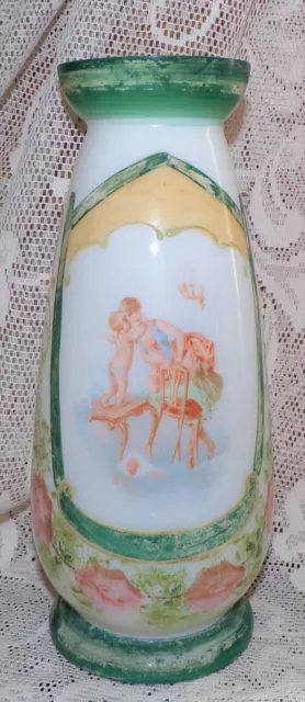 Hand Painted Victorian French Shabby Chic Milk Glass Vase Cherub Roses 9.25"