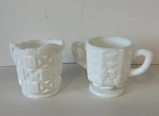 westmoreland milk glass creamer and sugar mismatched patterns quilt grape