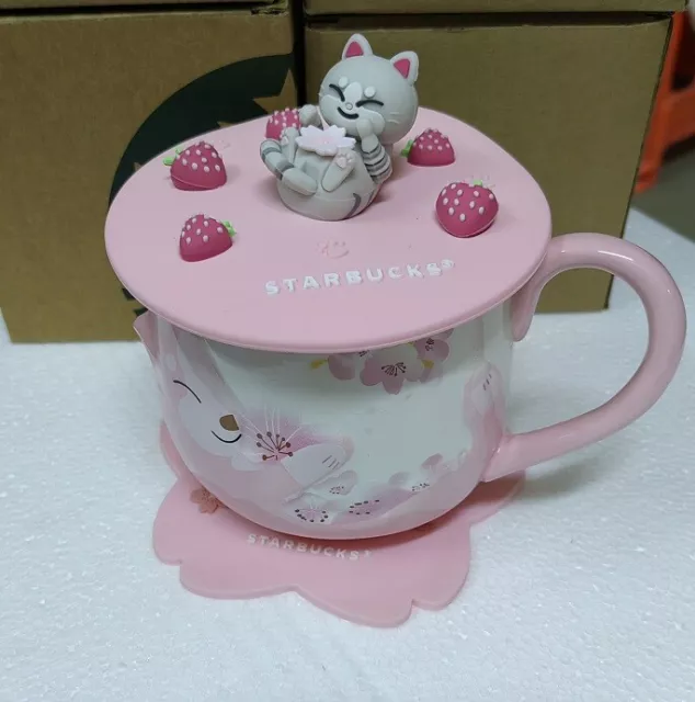 HOT Starbucks Cherry Blossom Cup Sakura Coffee Mug W/ Strawberry Cat Lid Coaster