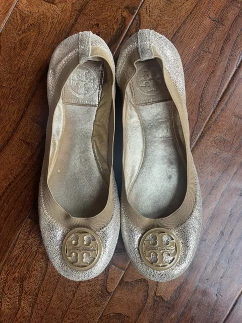 Tory Burch Claire Gold Metallic Leather Elastic Flats Shoes Size 6.5