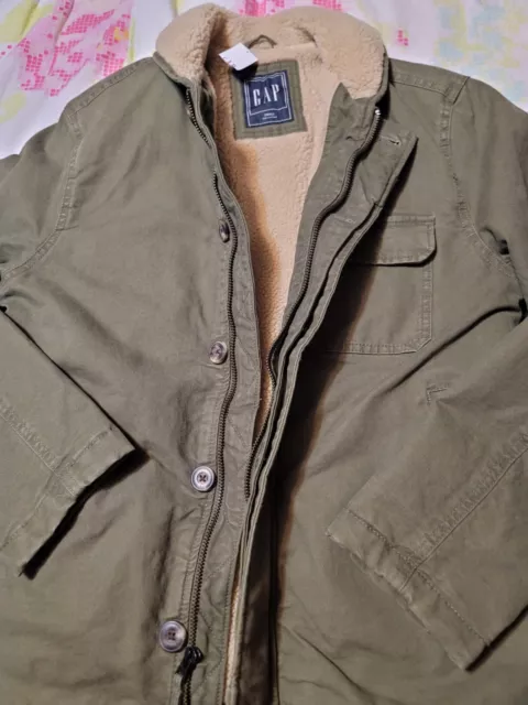 Gap Jacket Mens Small Green Canvas Sherpa Lined Zip Up Heavy Trucker Military 2