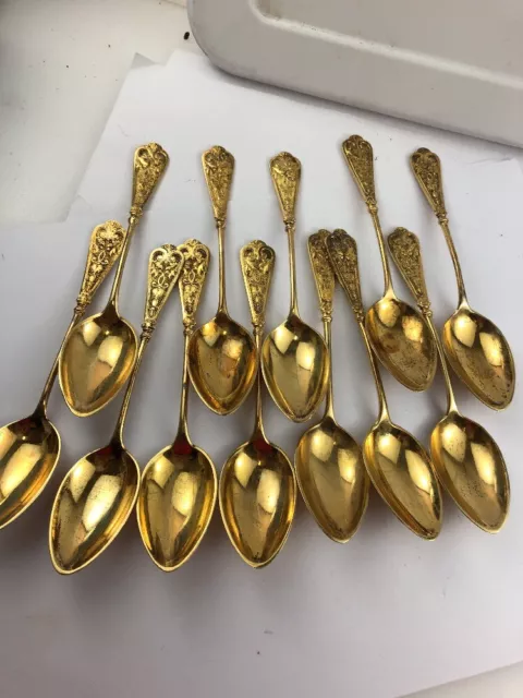 Set of 12 Stunning Antique 800 Silver Dessert Spoons Gold Wash