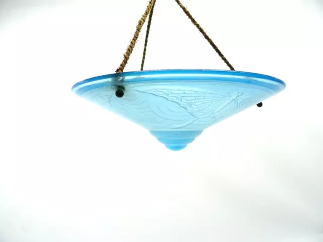 Hängelampe Art Deco Frankreich Glasschirm Blau mattiert Schmetterling Nachtmotte