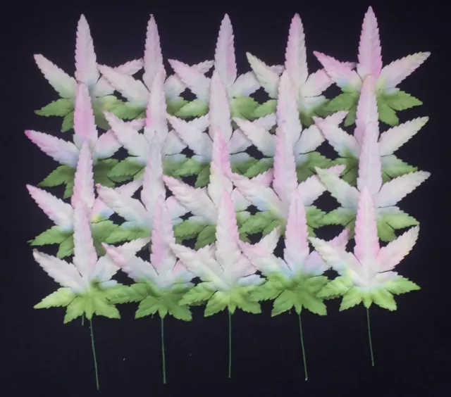 20 Quality Mulberry Paper Leaves with Wire Stems - Pink/Green/White 5cm exc stem