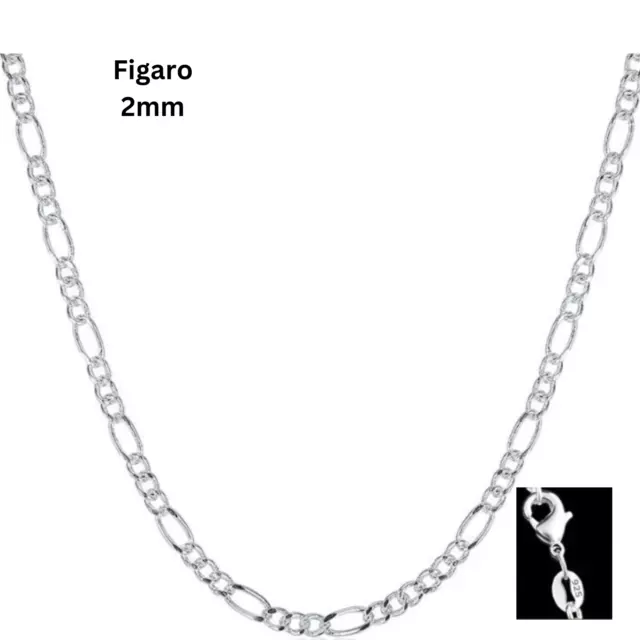 925 Sterling Silver Figaro Chain Necklace Curb Chain Mens Womens Various Lengths