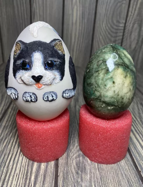 Hand Carved & Hand Painted Stone Cat Egg & Green Marble  Egg