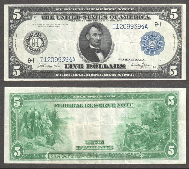 $5 1914 Fr.877 FRN Blue Seal and Serial numbers Minneapolis DIstrict Ext. Fine