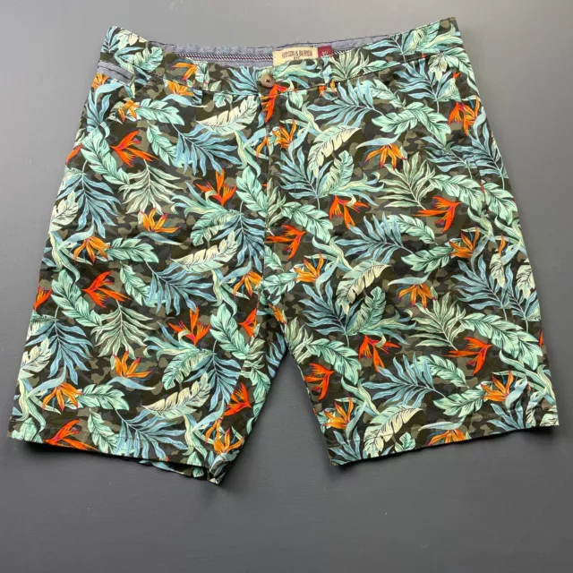 Hudson & Barrow Shorts Mens 34, Tropical Camo Green Slash Pockets Belt Loops