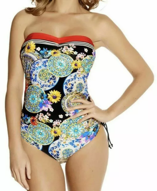 Fantasie Lascari Swimsuit Size 32E 10 Black Floral Strapless Bandeau Bra 6017