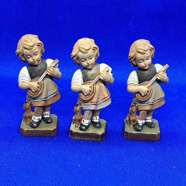 VINTAGE ANRI Figurine Hand Carved Wooden Harvest Girl With Guitar LOT OF 3