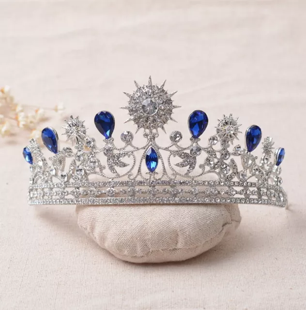 6cm Tall Adult Big Stars Blue Drip Crystal Leaf Tiara Crown Wedding Pageant Prom