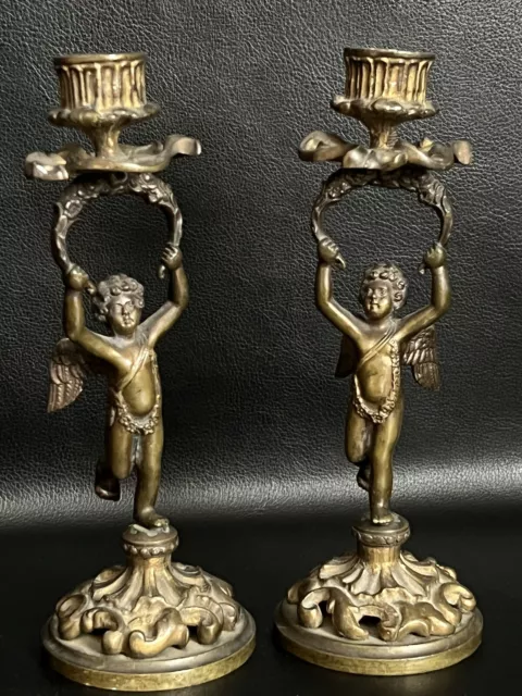 Paar antike alte Bronze Kerzenhalter Kerzenständer Putti Engel Bronze 19Jhd. 2