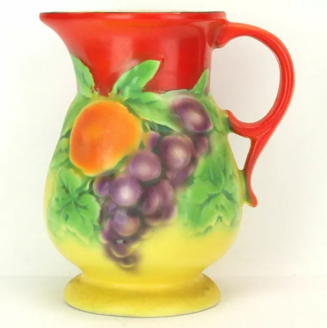 Bern Art Pottery Czechoslovakia Hand Painted Fruit 7in Cora Pitcher Red & Yellow