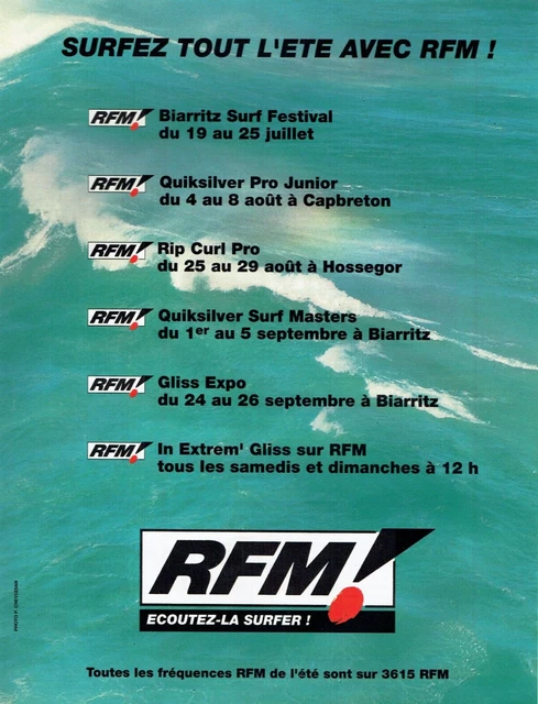 publicité Advertising  1122  1993  RFM radio,  surfez tout l'été Biarritz Hosseg