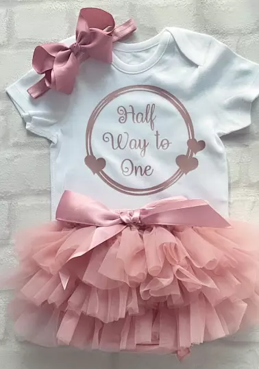 6Month Baby Girls Frilly Tutu Knickers  Outfit Vest Half Birthday Dusky Pink UK