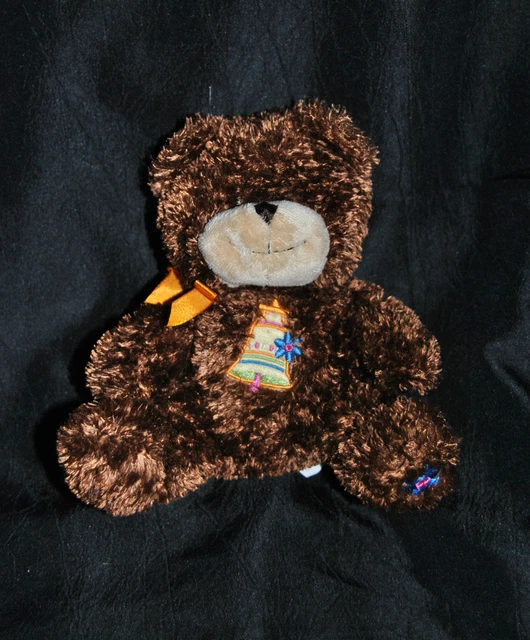 Peluche Doudou Ours COBICO Brun Marron Cloche Brodé Ruban Jaune 17 Cm Assis TTBE