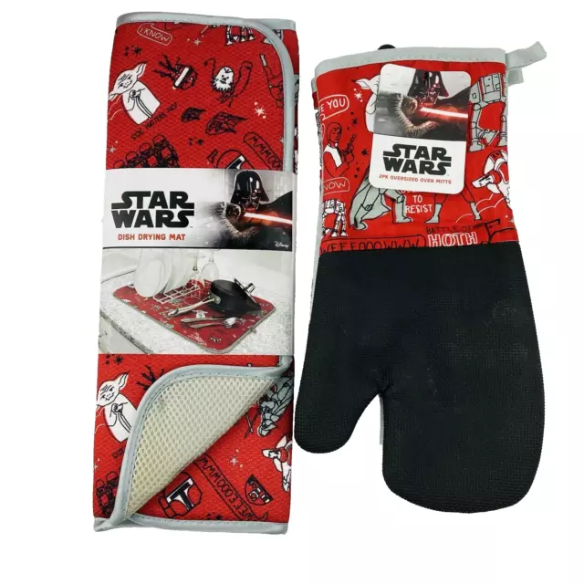 Star Wars Oversized Oven Mitts and Dish Drying Mat 3-Piece Kitchen Set Red NEW