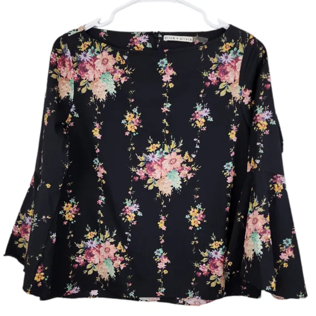 Alice Olivia Black Floral Shirley Flared Sleeve Blouse Size Small