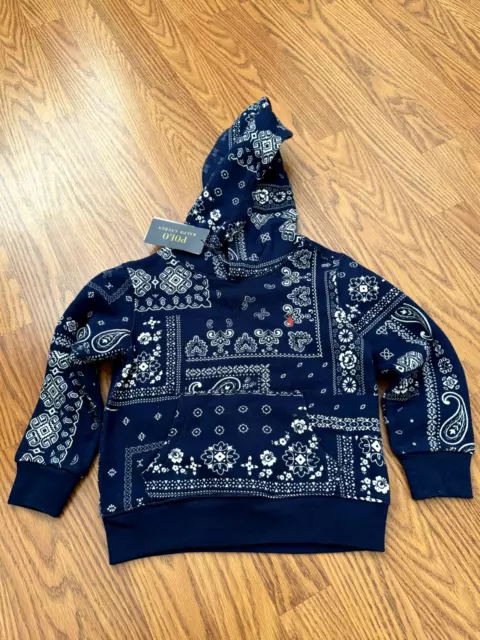 NWT Ralph Lauren 3T Toddler Paisley Navy Blue White Hoodie Sweatshirt