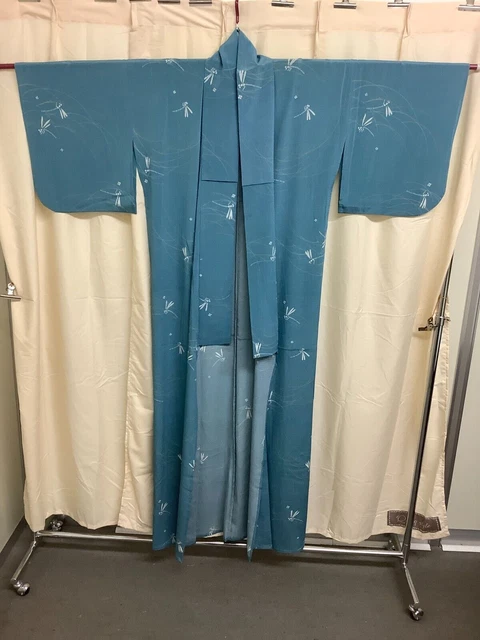 Japanese Vintage Kimono pure silk sky blue Thin tradition Length 64.96inch used