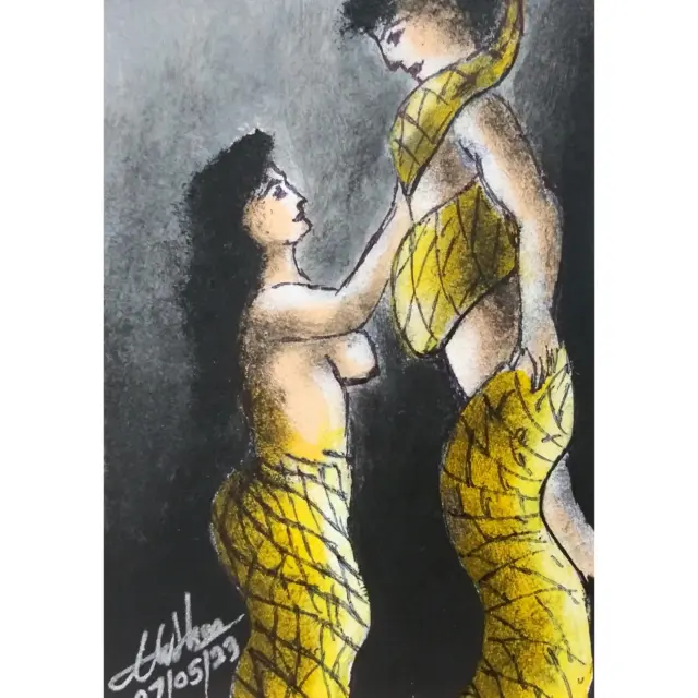 "Snake Girl Love" ACEO Original Acrylic Hand Painted Mini OOAK Signed Art Card