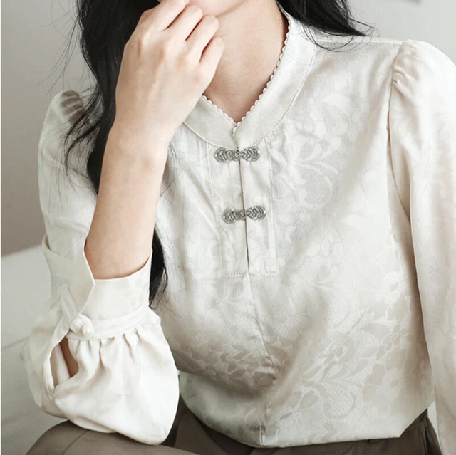 Donna Camicia Rana Bottoni Manica Lunga Floreale Stile Cinese Mandarino Casual