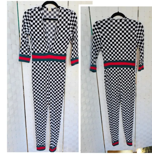 Vintage Fashion Queen Mania Jumpsuit Bodycon Stretch Black White Racing Check