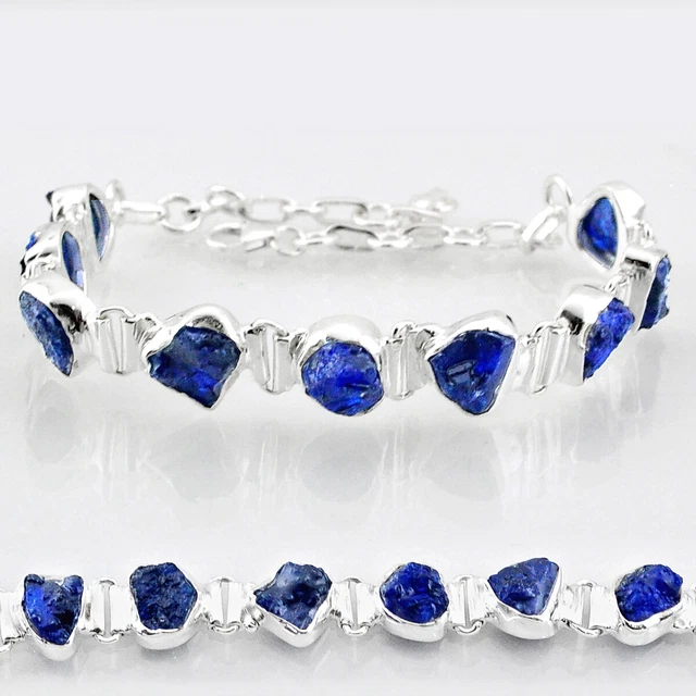 Handmade 27.64cts Tennis Natural Blue Sapphire Rough 925silver Bracelet T83562