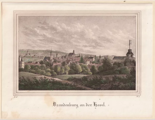 Colorierter Stich / Radierung "Brandenburg an der Havel" Ortsansicht ca. 1840