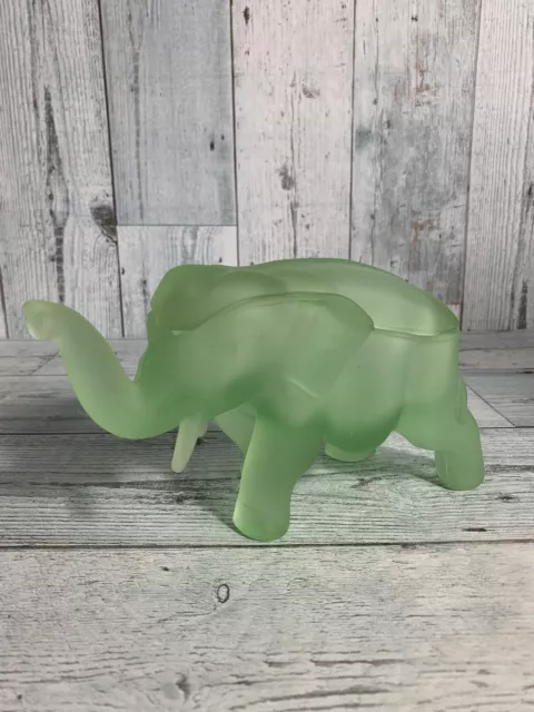 Vtg Indiana Glass Green Frosted Satin  Elephant Candy Dish/Trinket Box 8"