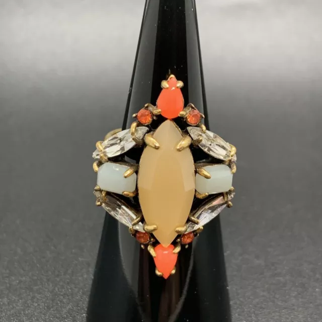 Signed Stella Dot Riviera Orange White Tan Rhinestone Cocktail Adjustable Ring