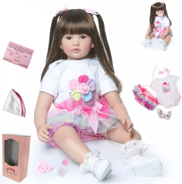24" Reborn Dolls Baby Lifelike Silicone Vinyl Long Hair Toddler Newborn Xmas AU
