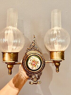 1 Antique 2 Light Cast Brass Wall Sconce Limoges Sevres KPM Porcelain Swans