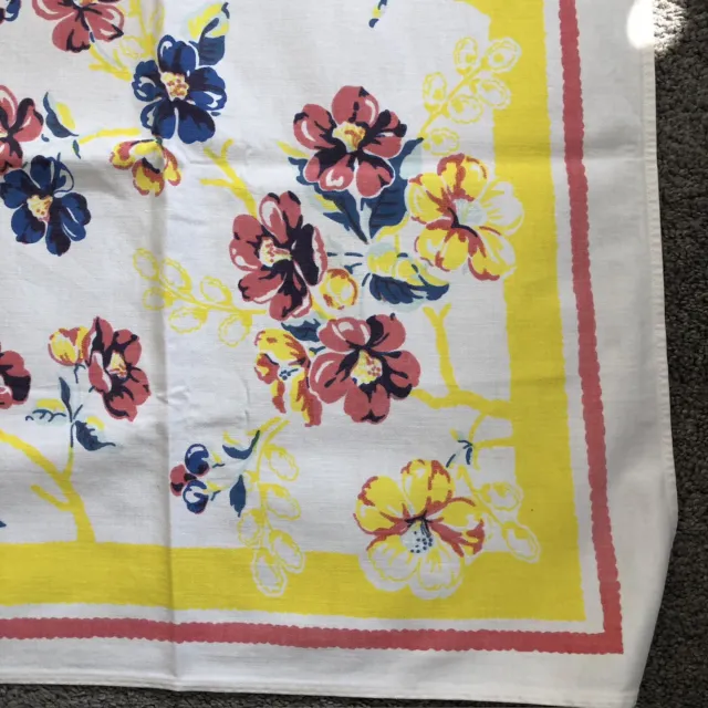 Vintage Floral tablecloth Cotton Rayon Coral Yellow Blue Floral 49 X 44 3