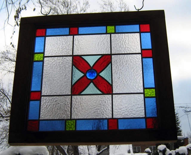 leaded framed Victorian stained glass window panel*rustic antique frame