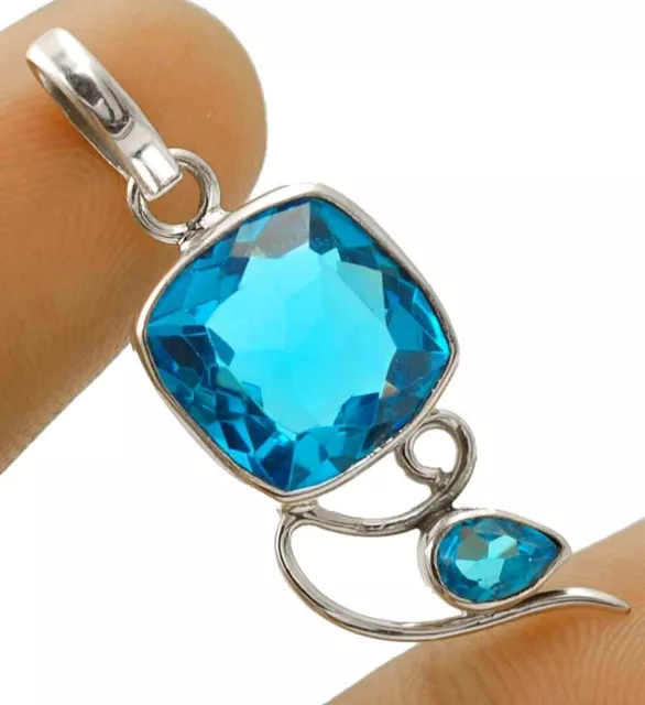 Natural 6CT Flawless Blue Topaz 925 Sterling Silver Pendant 1 1/2" Long NW1-9