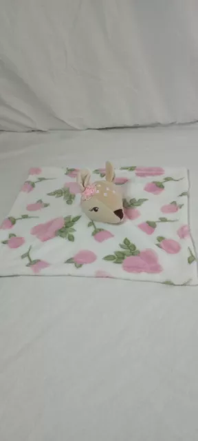 HB Hudson Lovey Baby Fawn Deer Security Blanket White Pink Roses Soft Plush Head