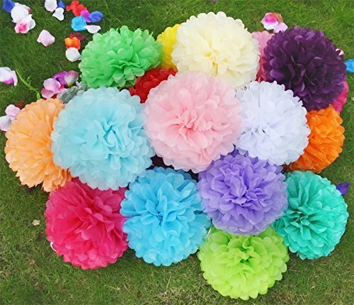 5, 10 Pack MultiColoured Tissue Paper Pom Poms For Party Decorations - 12Inches