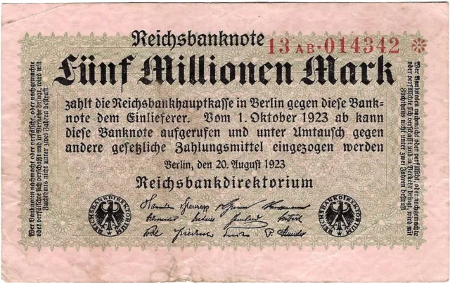 Reichsbanknote 5 Millionen Mark 1923 Reichsbank DEU-117b Ro.104b P-105(2) SELTEN