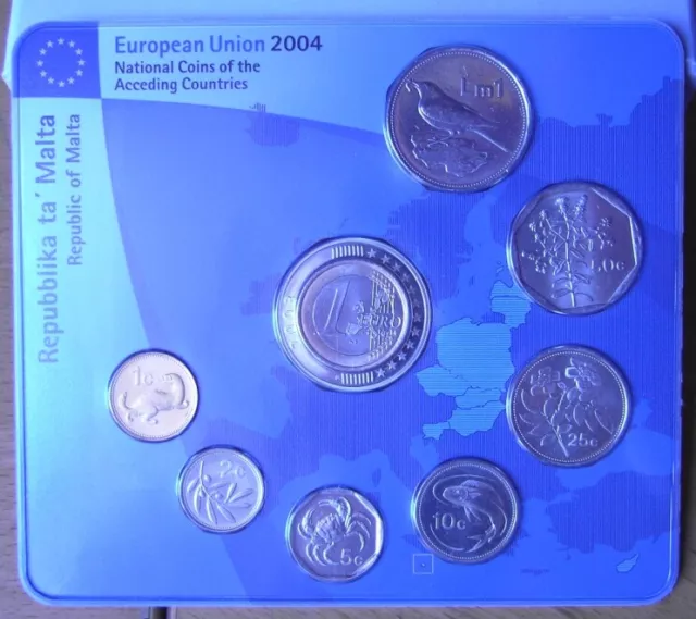 KMS Malta EU-Erweiterung 2004 1 Cent - 1 Lira + 1 Euro - 8 Münzen unz   Blister