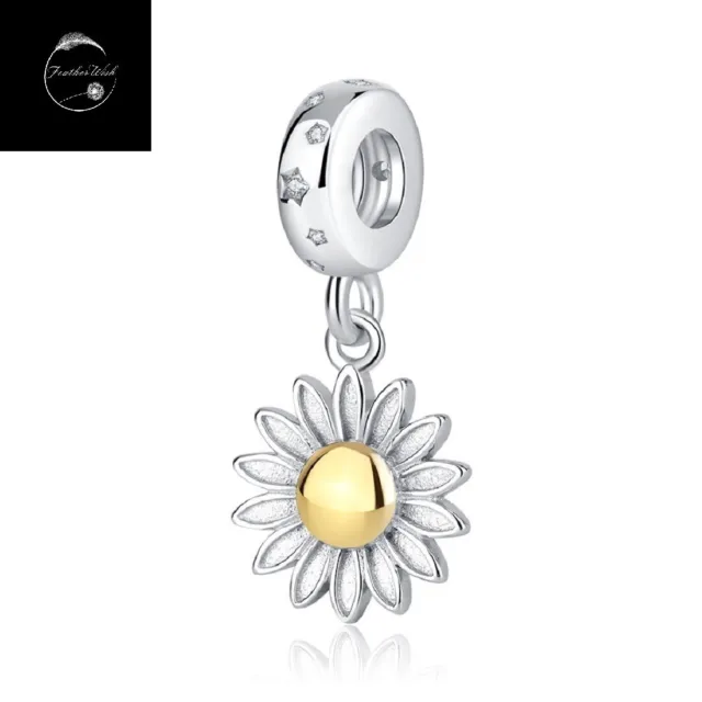 Genuine 925 Sterling Silver Daisy Flower Star Dangle Charm With Gold Plating