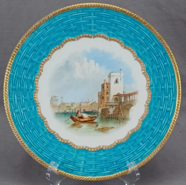 Thomas Ford Hand Painted Maritime & Town Scene Turquoise & Gold Border Plate