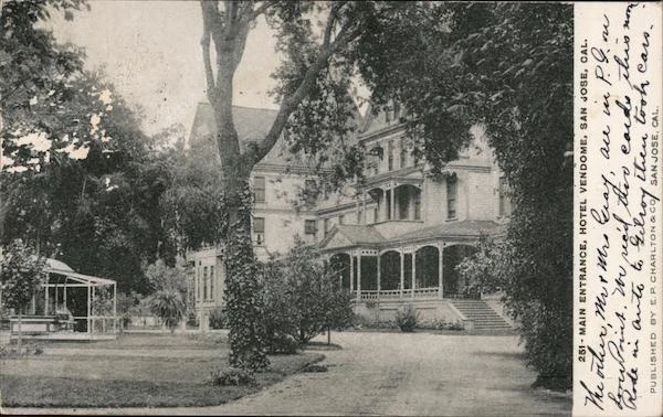 San Jose,CA Main entrance,Hotel Vendome Santa Clara County California Postcard