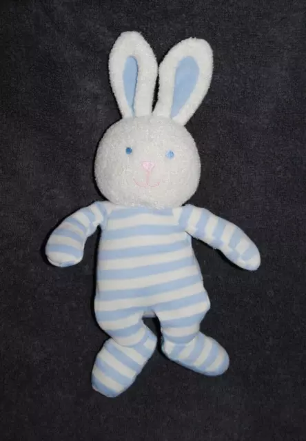 Peluche Doudou Lapin Bleu Rayé Blanc LUMINOU Brille Nuit Hochet Grelot 27 Cm