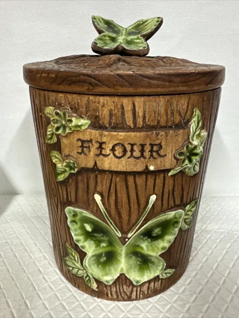 VTG Treasure Craft Ceramic kitchen Canister Flour container w/lid BUTTERFLY