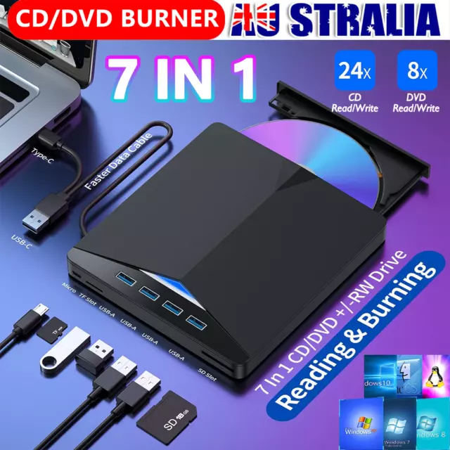 Portable External Drive USB Burner CD RW DVD ROM Reader Writer For Mac & Windows