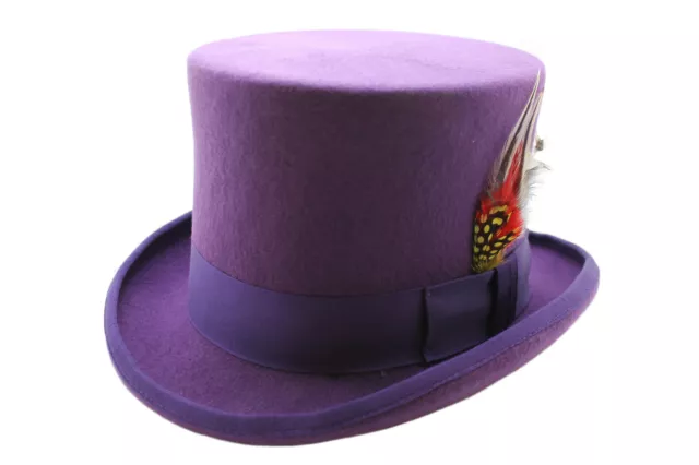 Purple 100% Wool Satin Lined Wedding Event Felt Top Hat With Feather