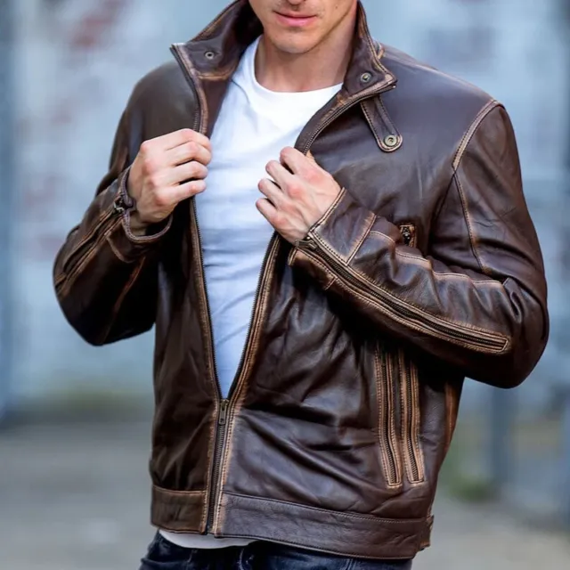 Mens Stylish Biker Vintage Motorcycle Distressed Brown Cafe Racer Leather Jacket