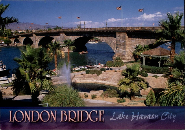 Lake Havasu City Arizona London Bridge boats fishing aerial vintage postcard