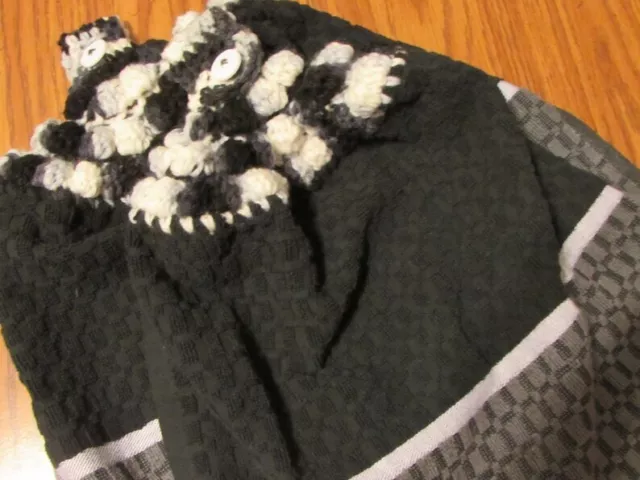 Black White Gray 2 Hanging Kitchen Dish Towels Set Crochet Tops Handmade